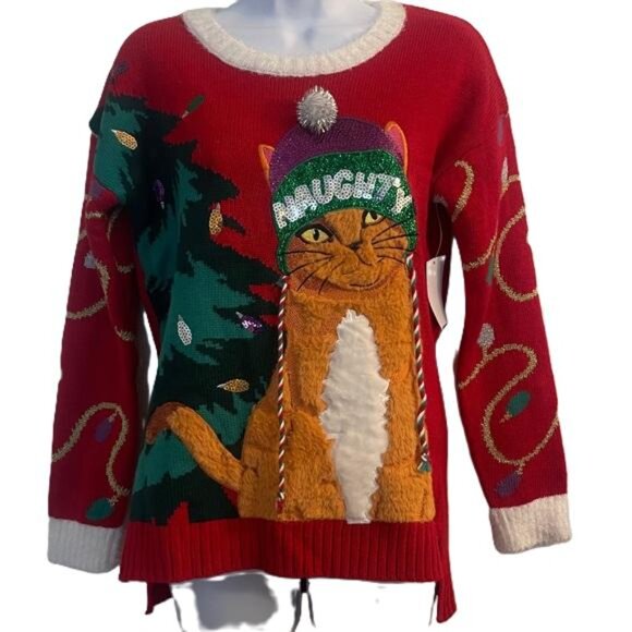 Jollidays Holiday Cat Naughty Christmas Tree Ugly Sweater Women's XS Red - Picture 1 of 8